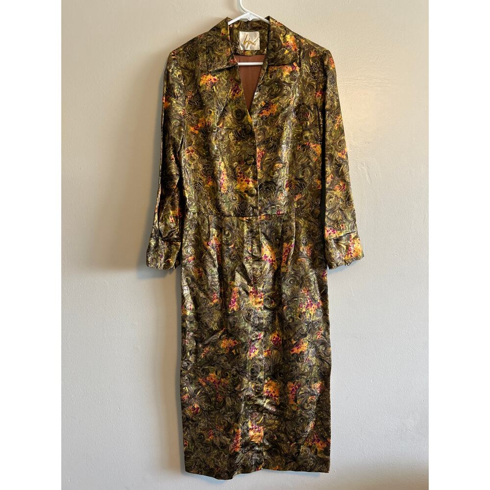 Vintage Green Brocade Mini Dress with Gold and Pink Accents